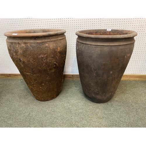 75 - Two tall terracotta pots, 68cmH & 58cmH, with wear and some chips etc