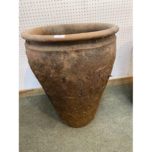 75 - Two tall terracotta pots, 68cmH & 58cmH, with wear and some chips etc