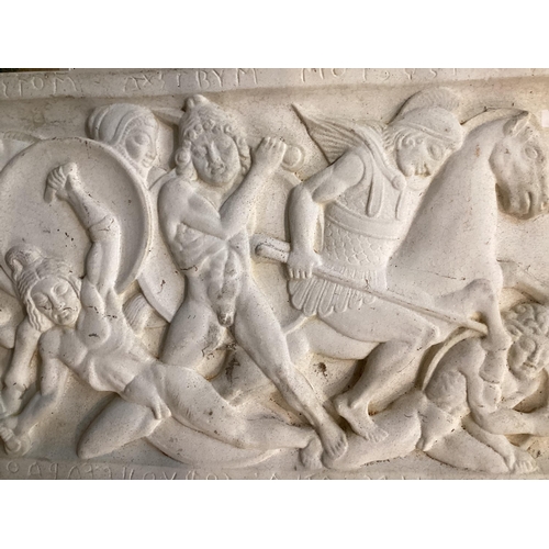 79 - A decorative, composite relief panel, scene depicting chariots and horses,  79 x 45