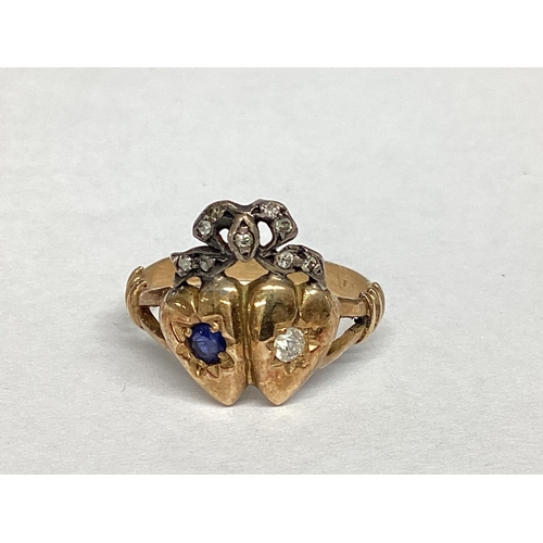 8 - A 15ct gold hearts and Coronet Luckenbooth Style diamond and sapphire set ring, 3.45g