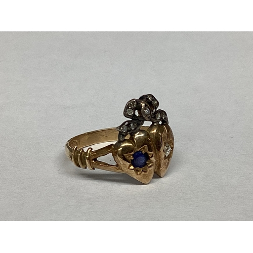 8 - A 15ct gold hearts and Coronet Luckenbooth Style diamond and sapphire set ring, 3.45g