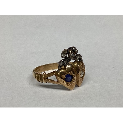 8 - A 15ct gold hearts and Coronet Luckenbooth Style diamond and sapphire set ring, 3.45g