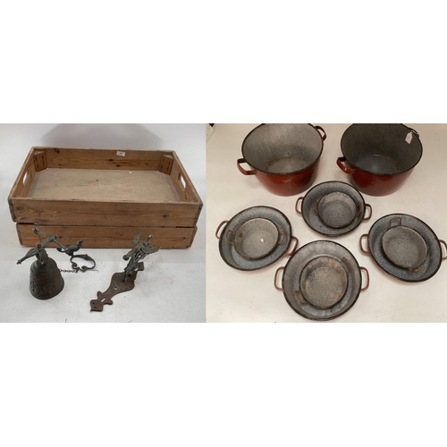 80 - Two wooden potters trays, and a French Bell,  and a quantity of enamelled/metal handled pots, with r... 