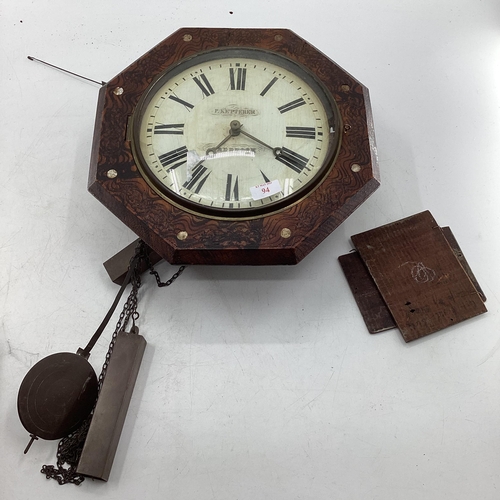 94 - Late C19th/ early C20th hexagonal wall clock with pokerwork design and mother of pearl inset roundel... 