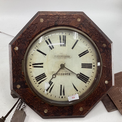 94 - Late C19th/ early C20th hexagonal wall clock with pokerwork design and mother of pearl inset roundel... 