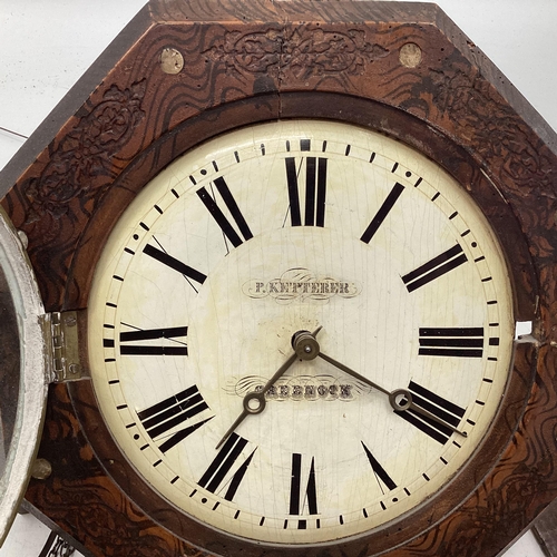 94 - Late C19th/ early C20th hexagonal wall clock with pokerwork design and mother of pearl inset roundel... 