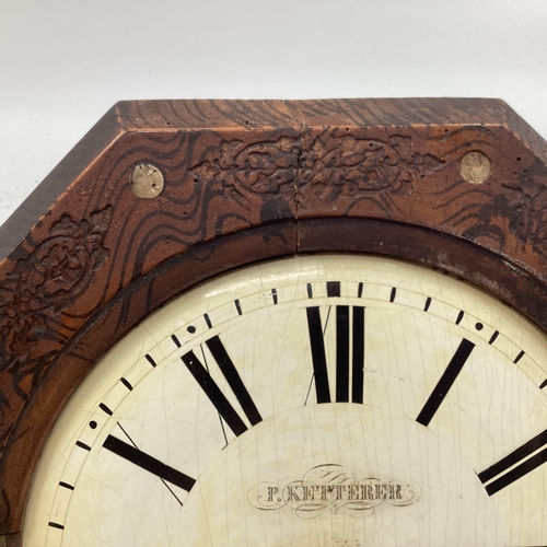 94 - Late C19th/ early C20th hexagonal wall clock with pokerwork design and mother of pearl inset roundel... 