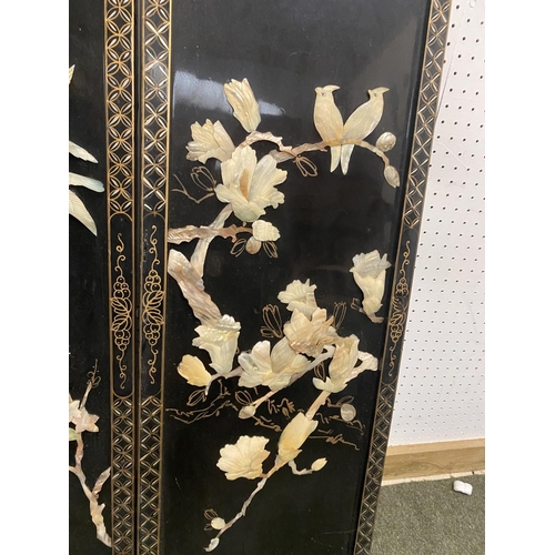 198 - Four black lacquer and mother of pearl and hardstone inlay Chinese panels  92 x 31cm