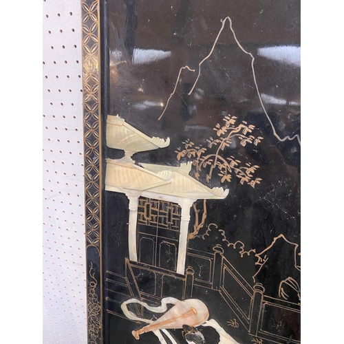 198 - Four black lacquer and mother of pearl and hardstone inlay Chinese panels  92 x 31cm