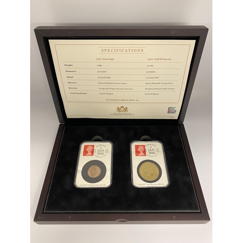 102 - A dates stamp first 01/01/2016 UK 2 coin gold set, a 2016 sovereign with 2016 gold Britannia, in pre... 