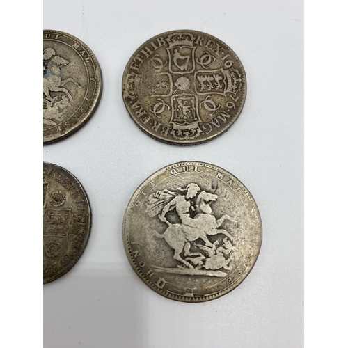 112 - A 1709 Queen Anne shilling together with George III and George III Crowns