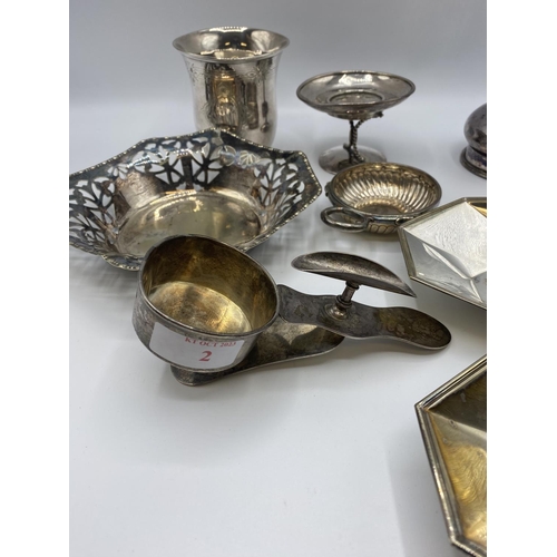 2 - Sterling silver clip on table ash tray, by Asprey & Co, Sheffield 1906, and a collection of unmarked... 