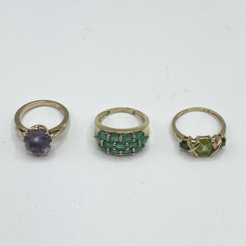 45 - 3 x 9 ct gold and gem set rings sizes J/K/L 9.9 g