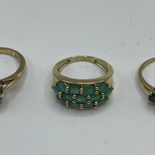 45 - 3 x 9 ct gold and gem set rings sizes J/K/L 9.9 g