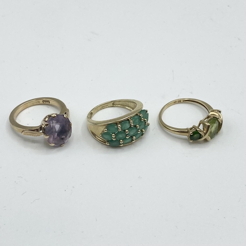 45 - 3 x 9 ct gold and gem set rings sizes J/K/L 9.9 g