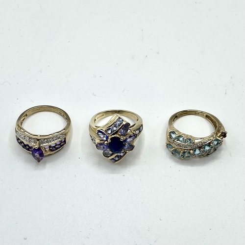 47 - Three 9ct gold gem set dress rings (size K/K/L) 11.08 g