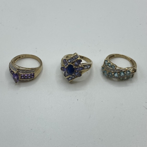 47 - Three 9ct gold gem set dress rings (size K/K/L) 11.08 g