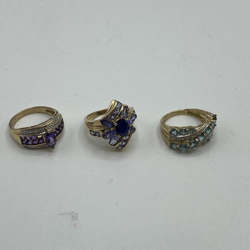 47 - Three 9ct gold gem set dress rings (size K/K/L) 11.08 g