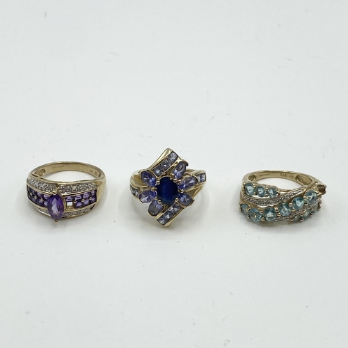 47 - Three 9ct gold gem set dress rings (size K/K/L) 11.08 g