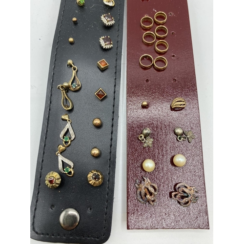 55 - A collection of 9 ct gold and yellow metal gem set earring (approx 12 pairs) in a jewellery wallet