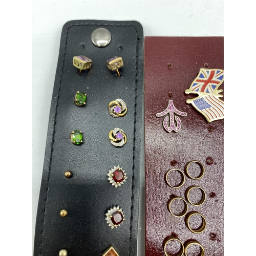 55 - A collection of 9 ct gold and yellow metal gem set earring (approx 12 pairs) in a jewellery wallet