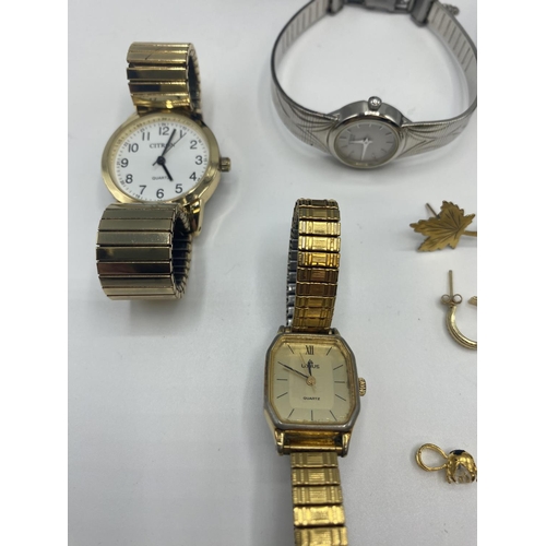 96 - A collection of unmarked yellow metal jewellery together with some high street fashion watches.