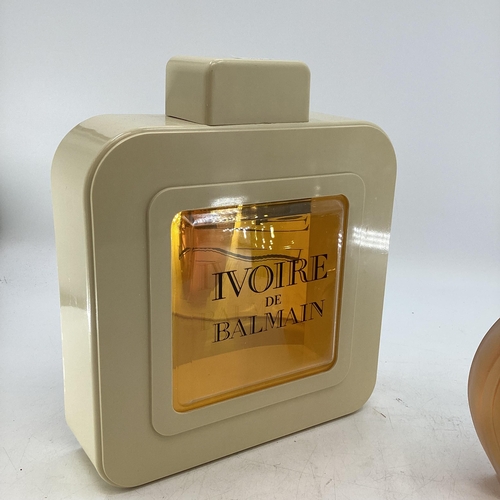 273 - Three shop display perfume Factice Lancome, Rochasivoire De Balmain Largest 38cm