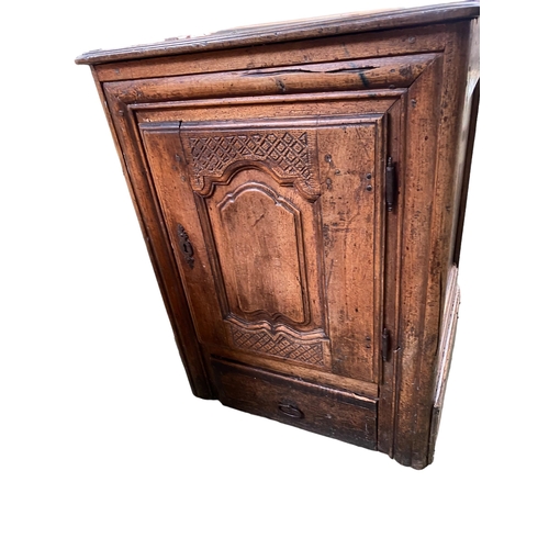 660 - A rustic country style Continental oak single carved -door side cupboard, with drawer beneath , with... 