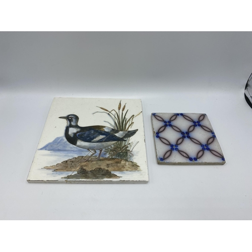 159 - Two Antique tiles, one Minton with a bird (cracked), see images for details and label verso