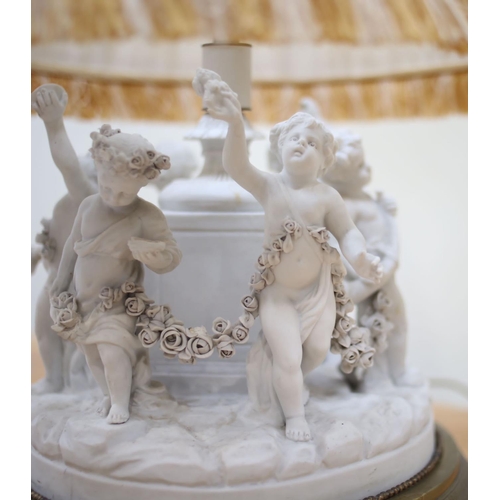 193 - A Louis XV porcelain and brass mounted table lamp, decorated dancing cherubs, and a cream pleated sh... 