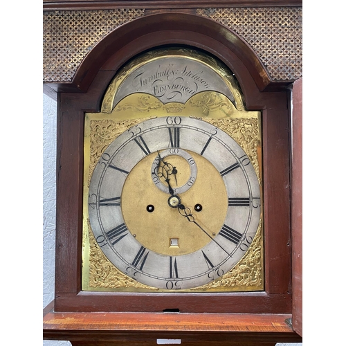 196 - A mahogany long case clock, the silvered and brass arched dial with black Roman numerals, inscribed ... 