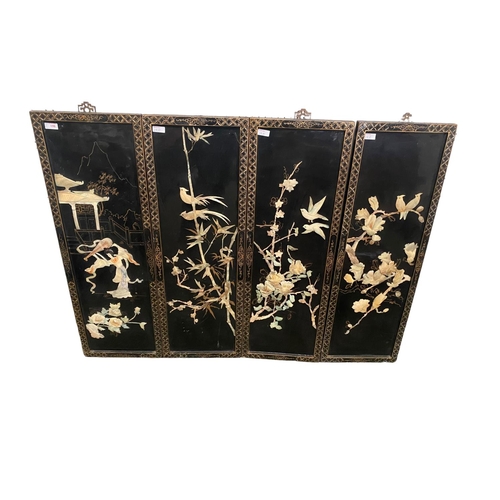 198 - Four black lacquer and mother of pearl and hardstone inlay Chinese panels  92 x 31cm