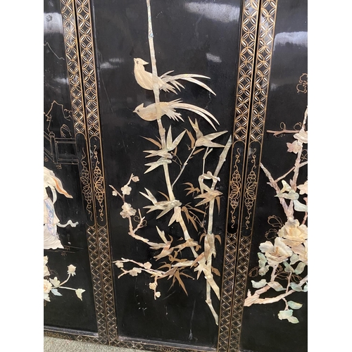 198 - Four black lacquer and mother of pearl and hardstone inlay Chinese panels  92 x 31cm