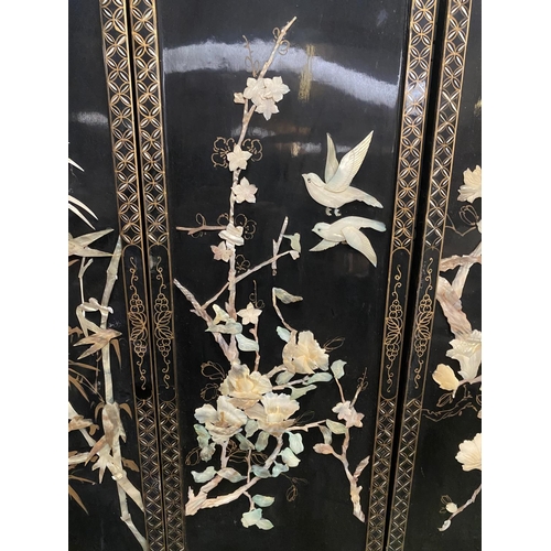 198 - Four black lacquer and mother of pearl and hardstone inlay Chinese panels  92 x 31cm