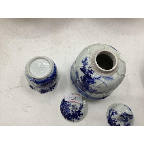 208 - A quantity of blue and white decorative china, some with cracks, to include Wedgwood, Willow Pattern... 