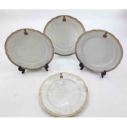 226 - Four C19th French porcelain plates, gilt borders with crest, retailed by Cajoche Et Pannier A Lascal... 