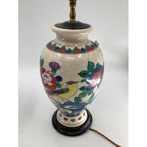 227 - An Oriental ginger jar, converted to a lamp, another baluster shaped lamp and some Norwegian Christm... 