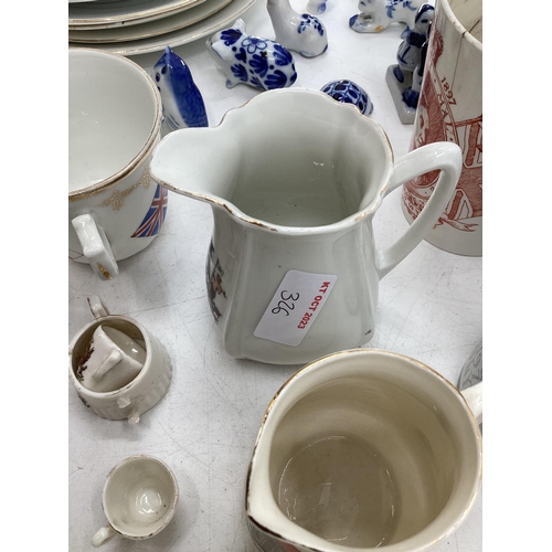 326 - Quantity of Goss crested China ware, and Commemorative memorabilia mugs, and a Copeland Spode Victor... 