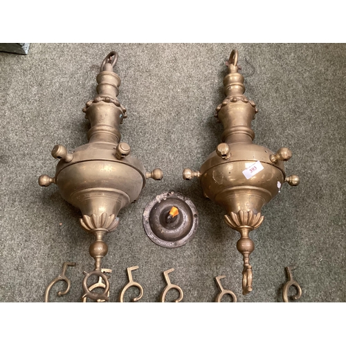 393 - A pair of brass six branch ceiling chandleries