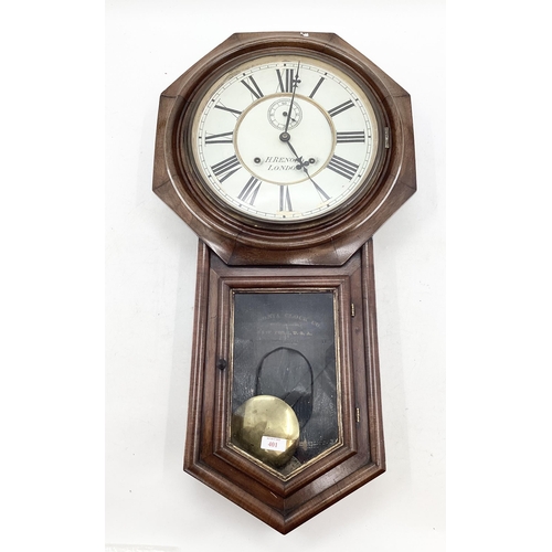 401 - A mahogany drop head wall clock, 8 day movement, dial signed H Renold London; and an oak framed Baro... 