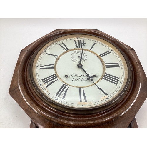 401 - A mahogany drop head wall clock, 8 day movement, dial signed H Renold London; and an oak framed Baro... 