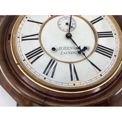 401 - A mahogany drop head wall clock, 8 day movement, dial signed H Renold London; and an oak framed Baro... 