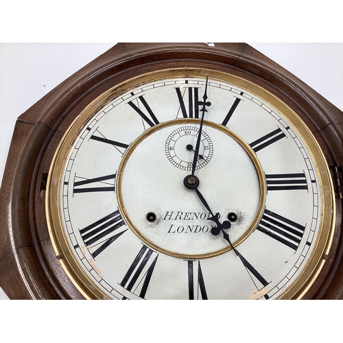 401 - A mahogany drop head wall clock, 8 day movement, dial signed H Renold London; and an oak framed Baro... 