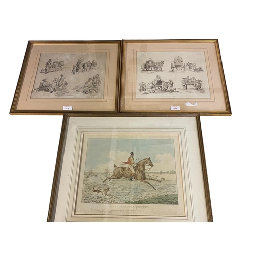 408 - A coloured etching print of a horse and hounds together with two prints of country scenes