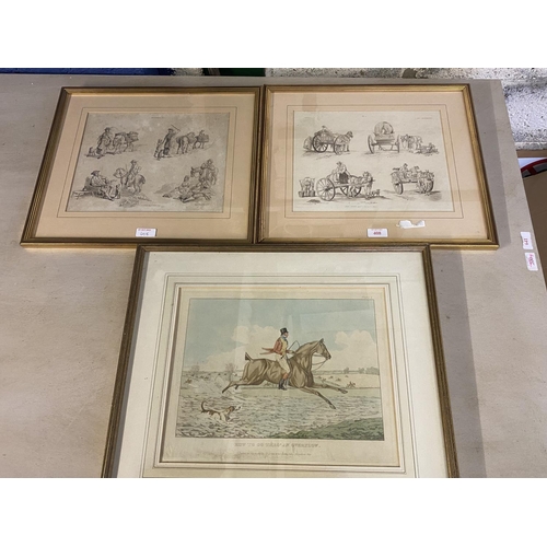 408 - A coloured etching print of a horse and hounds together with two prints of country scenes