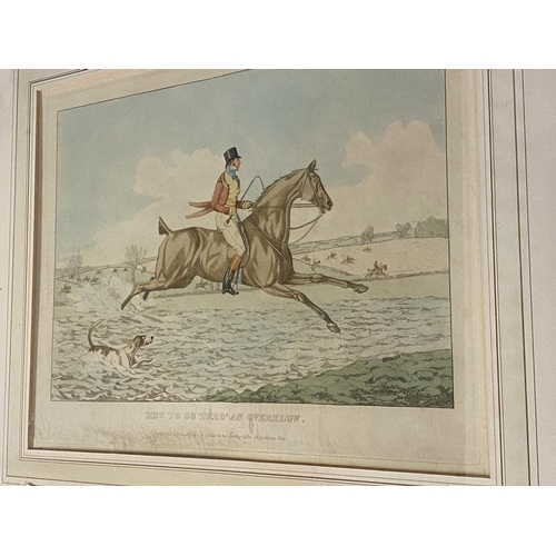 408 - A coloured etching print of a horse and hounds together with two prints of country scenes