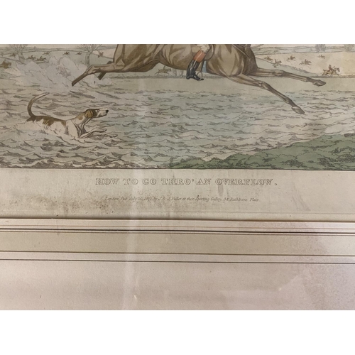 408 - A coloured etching print of a horse and hounds together with two prints of country scenes