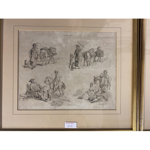 408 - A coloured etching print of a horse and hounds together with two prints of country scenes