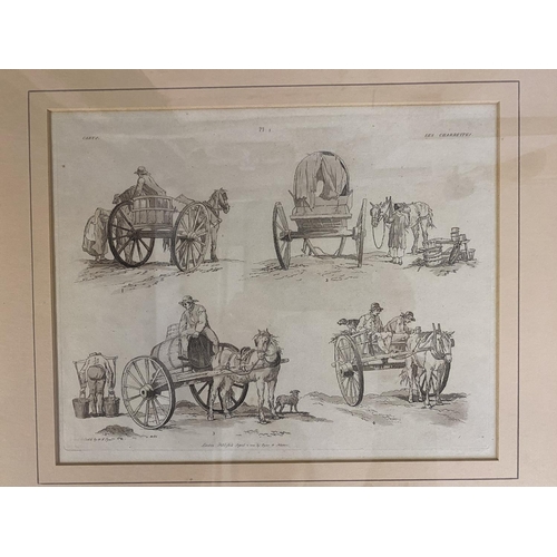 408 - A coloured etching print of a horse and hounds together with two prints of country scenes