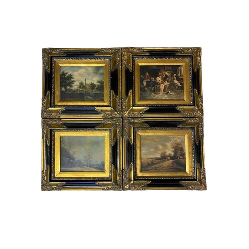 465 - Set of four oil on board, early C20th, unsigned, country scenes, city scape and interior,  in gilt e... 